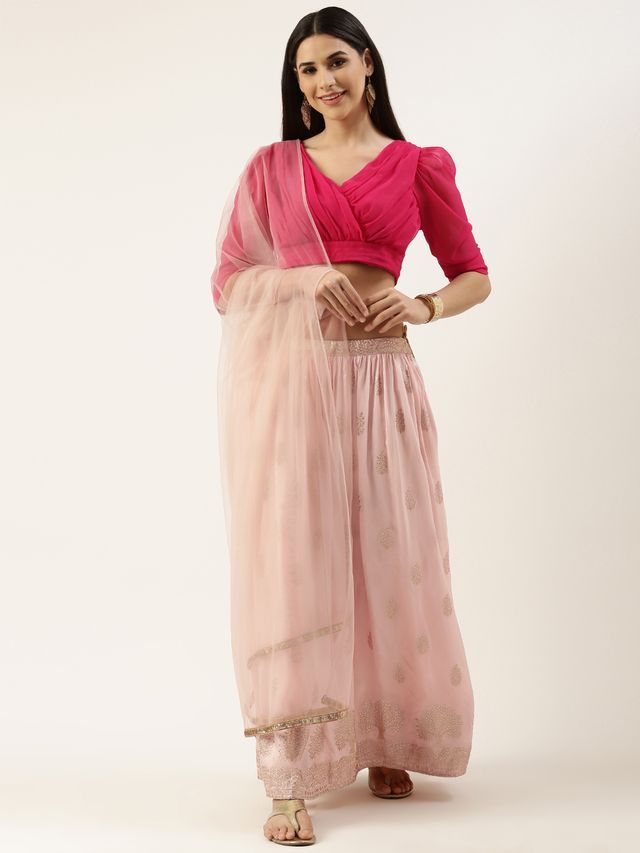 Bollywood Vogue Ready To Wear Pink Jacquard Gathered Style Lehenga Set