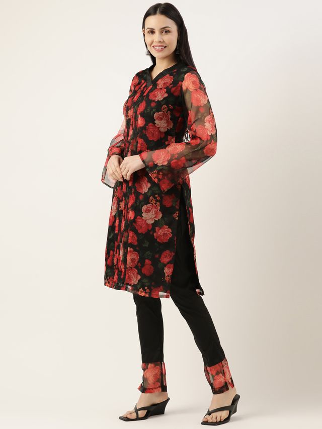 Bollywood Vogue Ready To Wear Black Digital Printed Organza Kurta Set