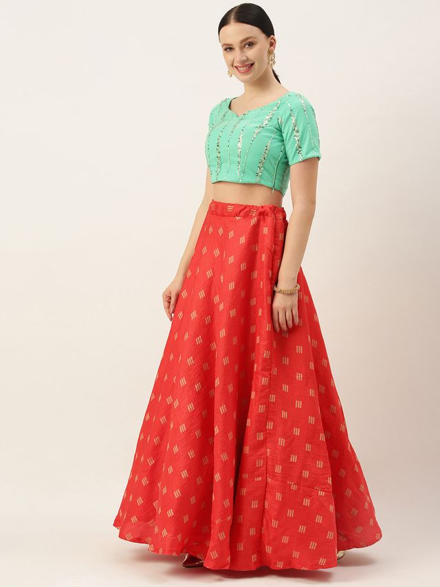 Bollywood Vogue Ready To Wear Red N Green Embroidered Floor Length Lehenga Set