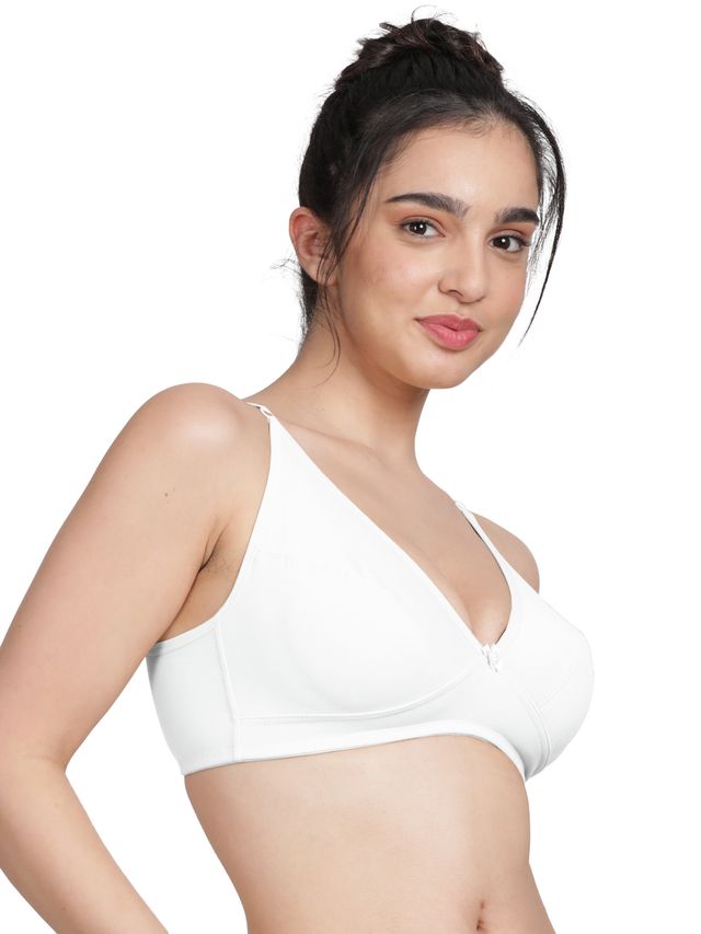 Susie Half Coverage White Non Padded Wirefreee Adjustable, Non Detachable Everyday Plunge Bra
