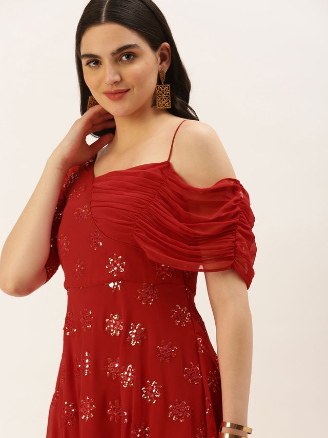 Bollywood Vogue Ready To Wear Red Georgette Embroidered One Shoulder Style Gown