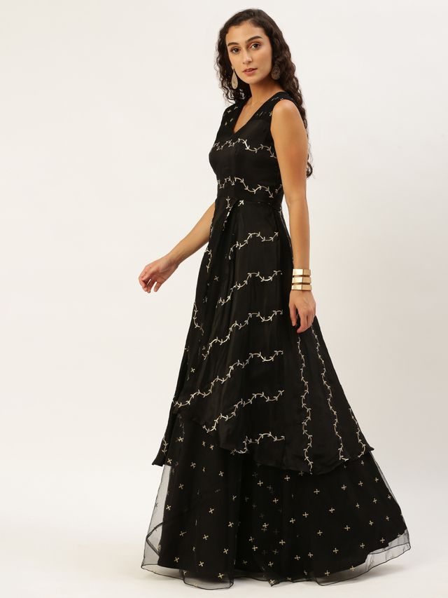 Bollywood Vogue Ready To Wear Black Viscose Embroidered Layered Gown