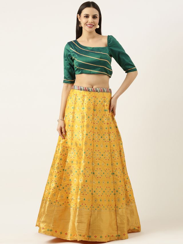 Bollywood Vogue Ready To Wear Green N Yellow Jacquard Skirt Set