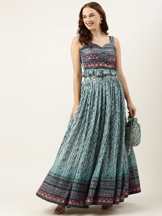 Bollywood Vogue Ready To Wear Cream and Blue Printed N Embroidered Skirt Set