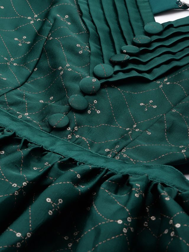 Bollywood Vogue Ready To Wear Teal Green Art Silk Foil Printed Maxi Dress