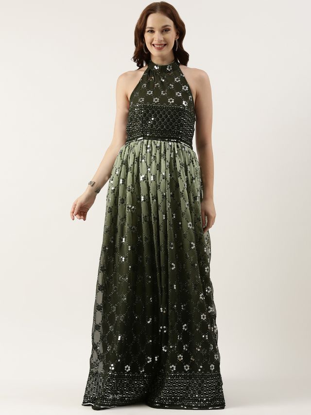 Bollywood Vogue Ready To Wear Green Georgette Embroidered Halter Neck Gown
