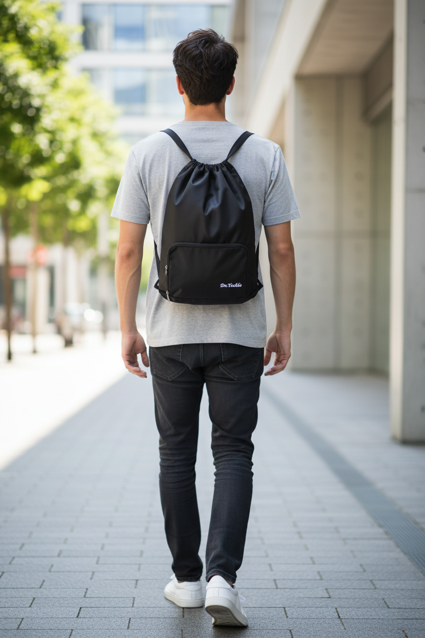 Double Shoulder Travel Drawstring Backpack for Unisex - Black SUPER