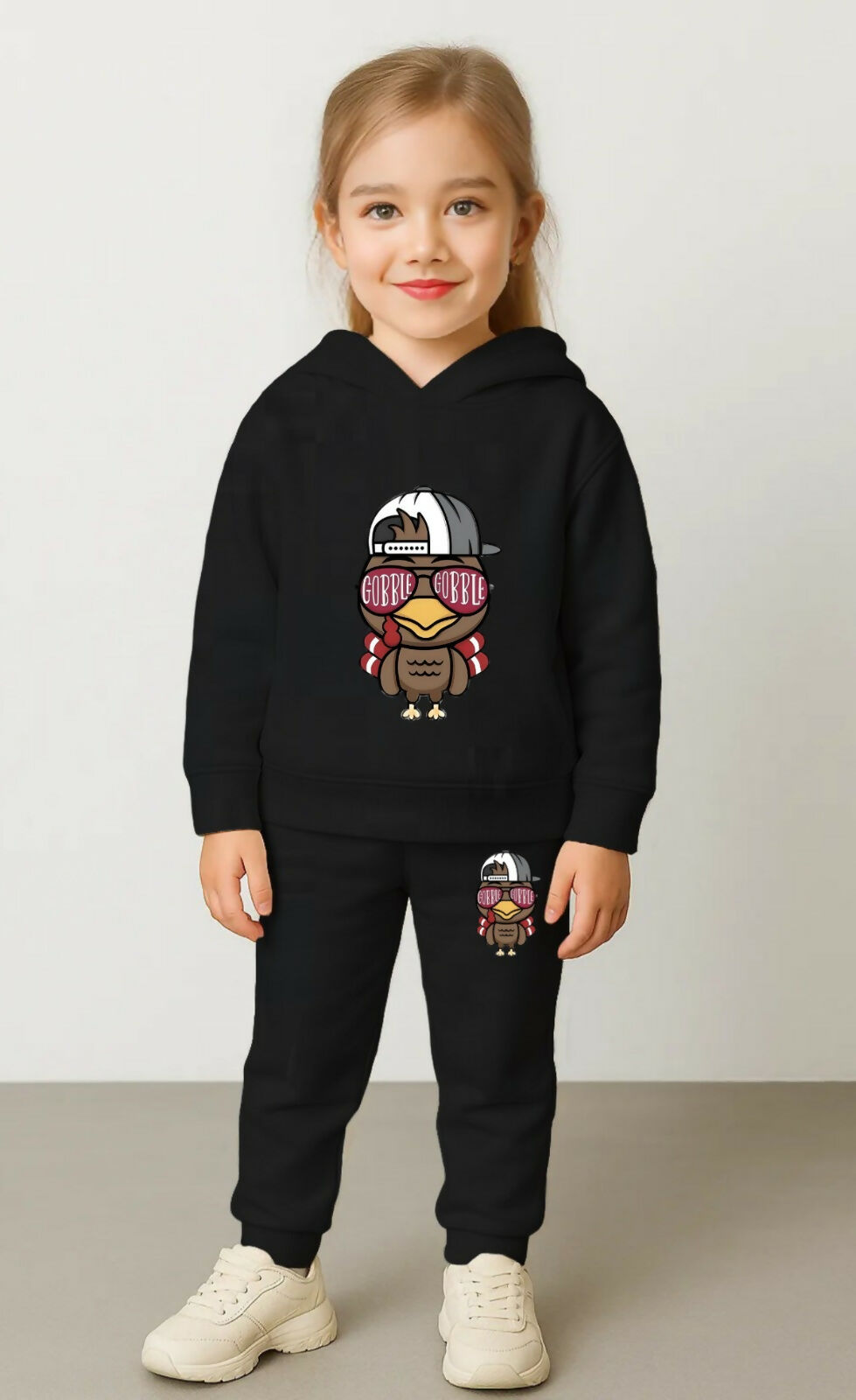 Girls' Black Cotton Blend Hoodie & Jogger Set – Cool Bird Graphic Tracksuit (Ages 0 Months to 7 Years) Luck Fashion