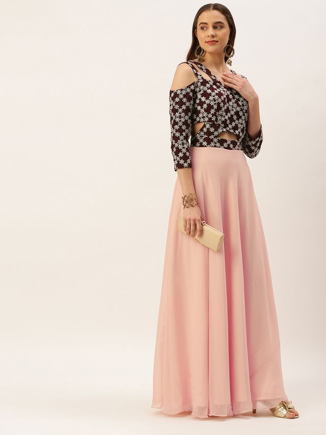 Bollywood Vogue Ready To Wear Purple N Dark Wine Muslin Embroidered Gown
