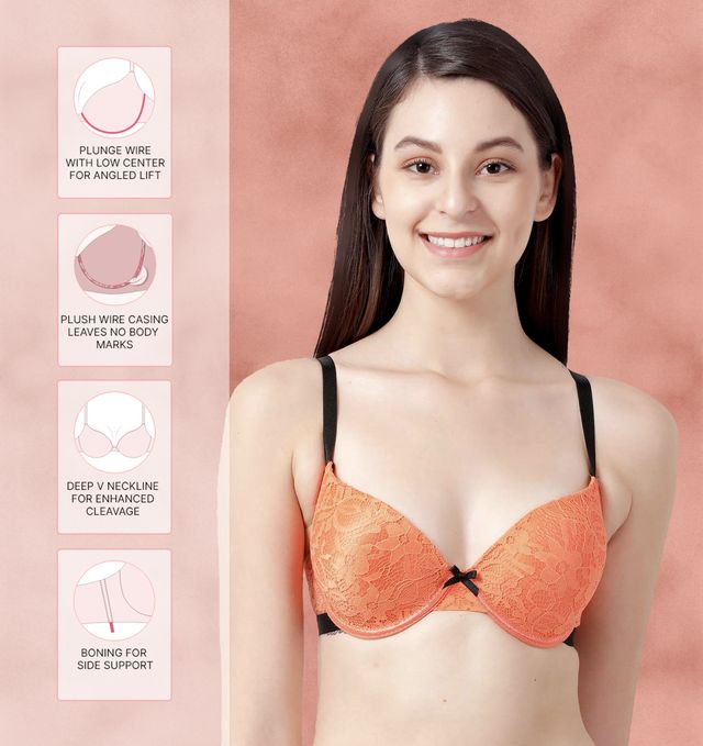 Susie Half Coverage Green Lace Black Strap Padded Adjustable, Non Detacahable wired Plunge Bra