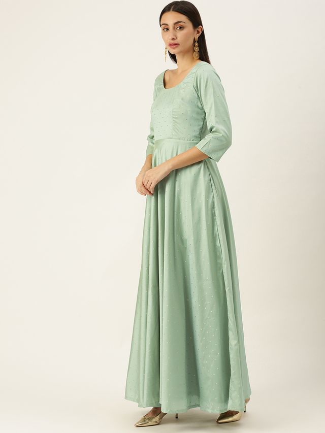 Bollywood Vogue Ready To Wear Green Art Silk Abaya Style Anarkali Suit