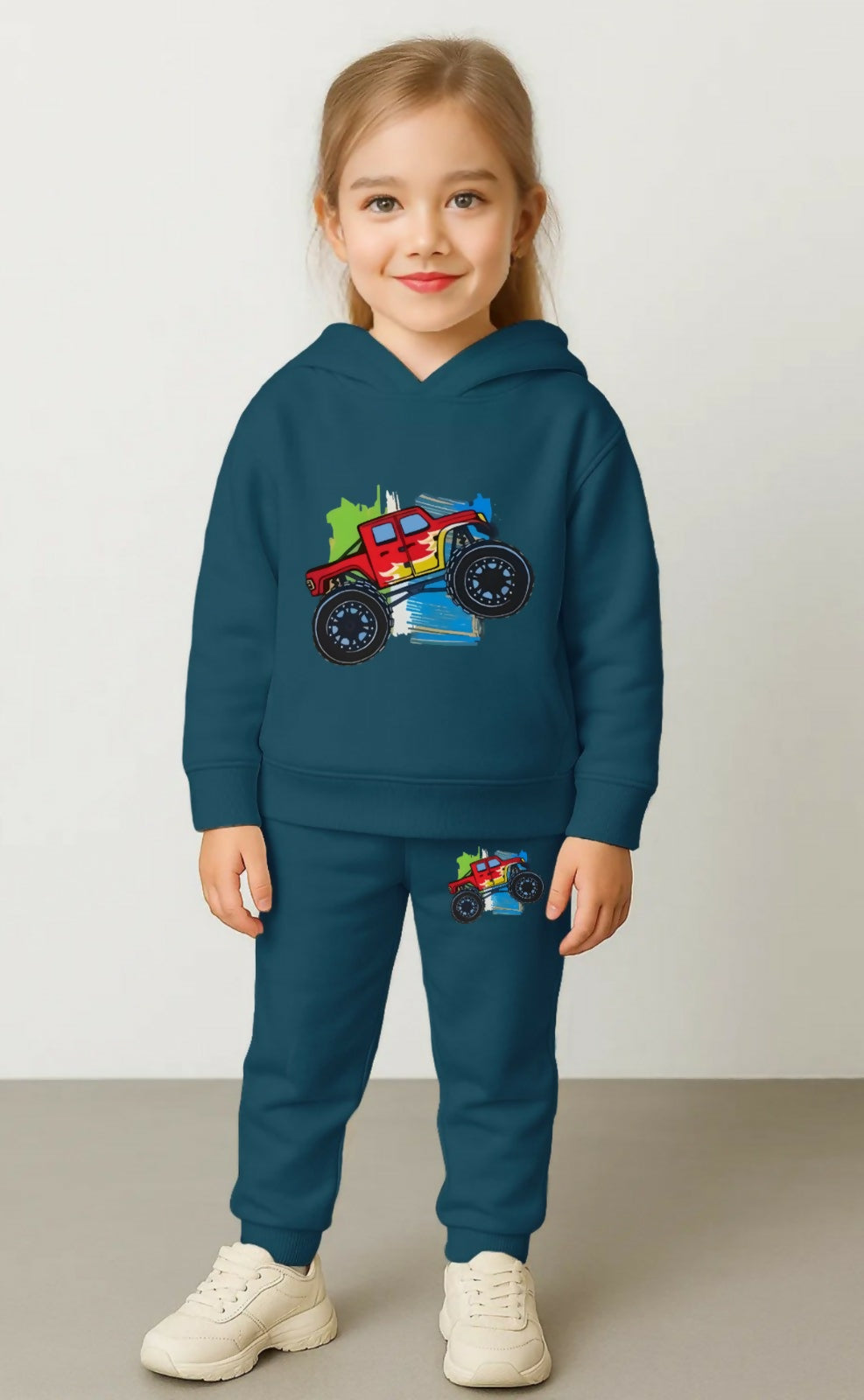 Girls' Teal Blue Cotton Hoodie & Jogger Set – Creative Graphic Printed Sportswear (Ages 0 Months to 7 Years) Luck Fashion