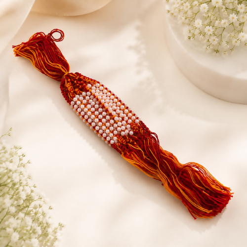 Handmade Traditional Red & Yellow Thread Pearl Rakhi - Pack of 1 (Set of 12)