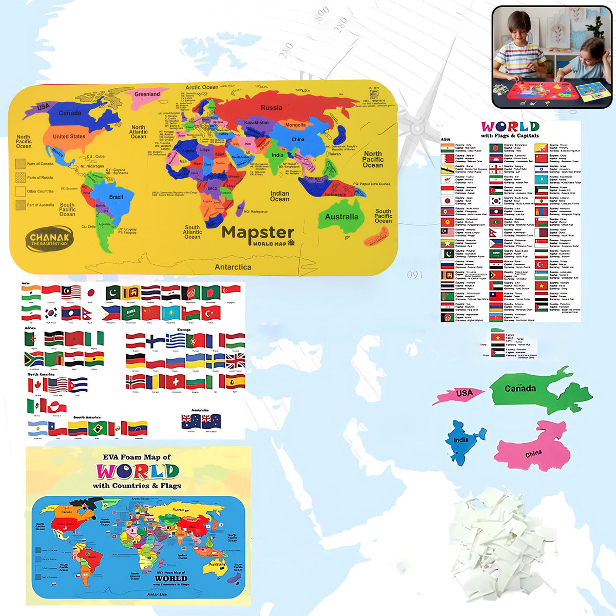 Aditi Mapster World Map EVA Foam Puzzle Set with Detachable Country Pieces, Flag Matching Chart, and Capital Learning Guide