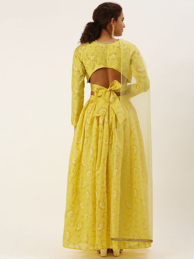 Bollywood Vogue Ready To Wear Yellow Foil Printed Art Silk Gathered Lehenga