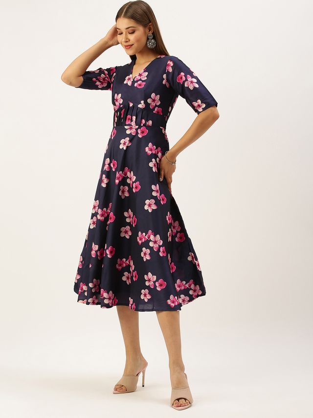 Bollywood Vogue Ready To Wear Blue Printed Art Silk Fit And Flare Dress