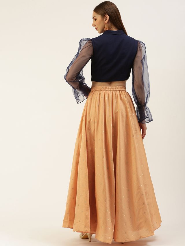 Bollywood Vogue Ready To Wear Peach Jacquard N Navy Blue Art Silk Skirt Set
