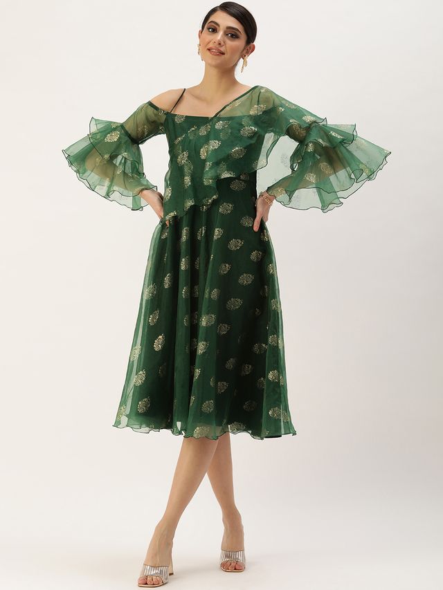 Bollywood Vogue Ready To Wear Green Organza Foil Printed Dress