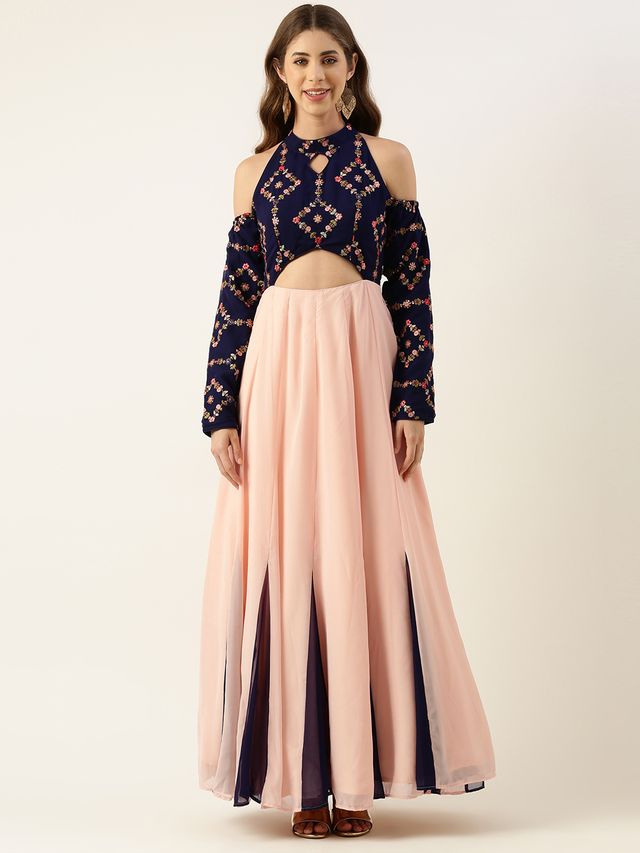 Bollywood Vogue Ready To Wear Royal Blue N Peach Georgette Embroidered Gown