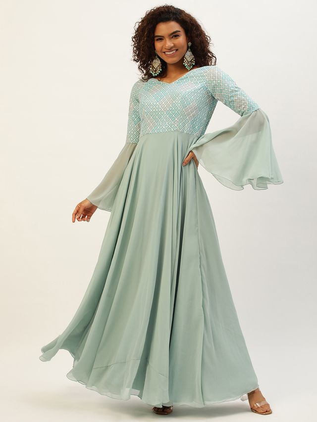 Bollywood Vogue Ready To Wear Multicolored Bell Sleeves Embroidered Gown