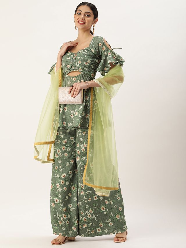 Bollywood Vogue Ready To Wear Mehndi Green Georgette Printed Palazzo Suit