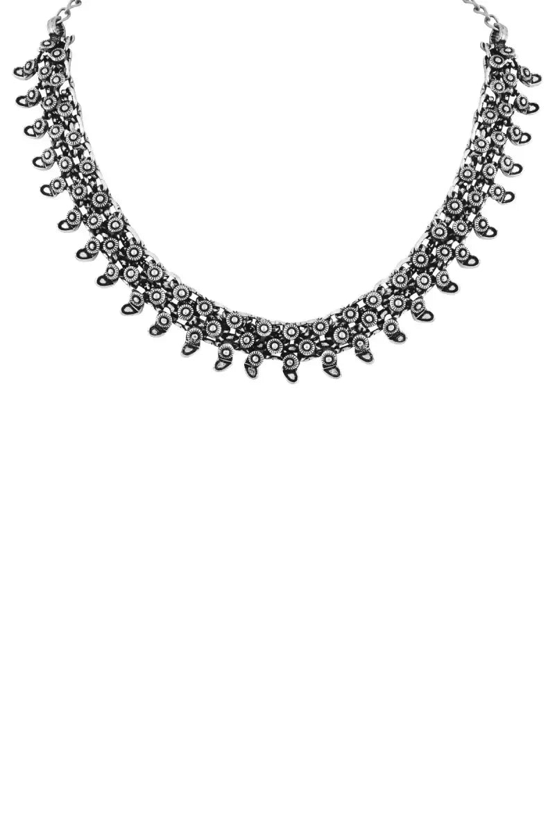 Oxidised Silver Floral Design Necklace for Women - Silver,18 Inch SUPER