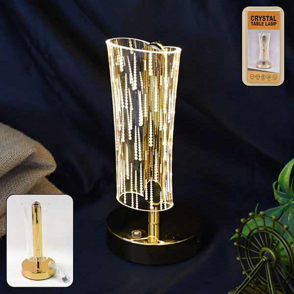 Luxury Crystal Table Lamp with Golden Base & Elegant Cylindrical LED Design with USB Rechargeable Decorative