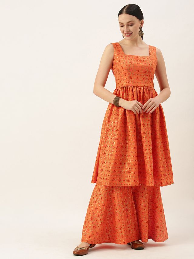 Bollywood Vogue Ready To Wear Orange Printed Kurta N Gharara Set