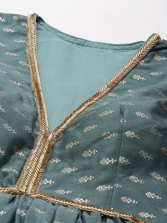 Bollywood Vogue Ready To Wear Green Chinon Foil Print Gown