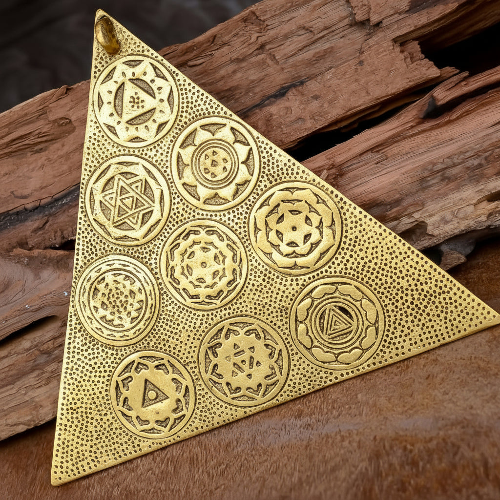 Triangular Maha Vastu Yantra with Sampoorna Navgraha Yantra – Handcrafted White Metal Gold Finish, 8.5 Inch