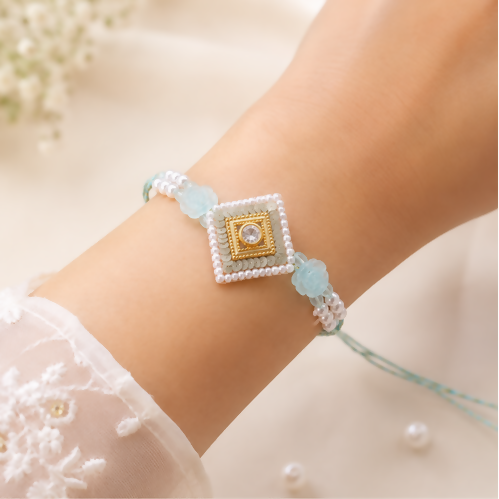 Handcrafted Multicolor Square Kundan & Pearl Beaded Rakhi Set for Brother - Set of 2 (Multi Colour)