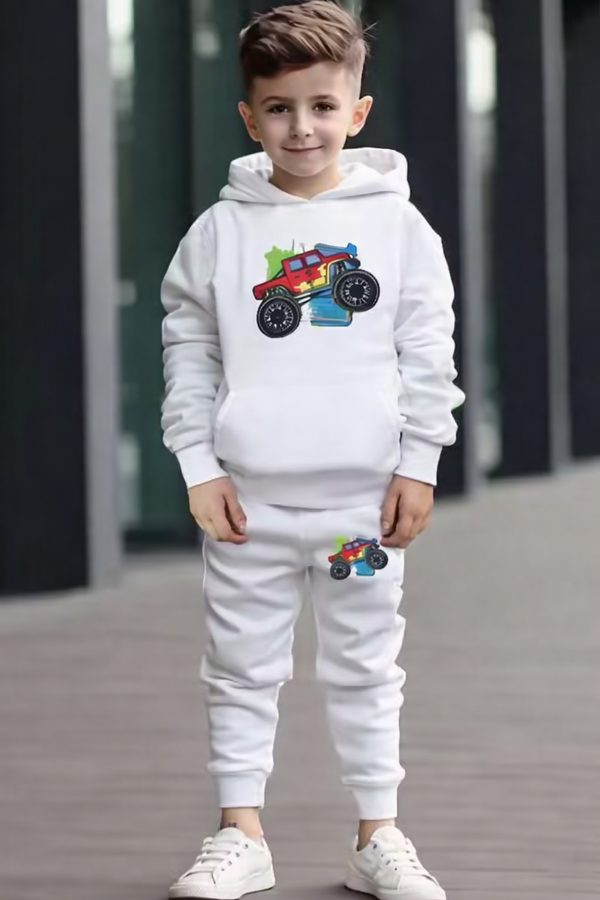 Kids White Hoodie and Pant Set with Printed Design Luck Fashion