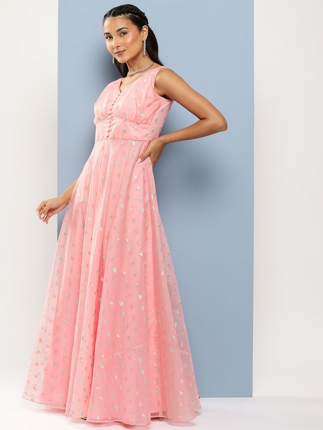 Bollywood Vogue Ready To Wear Pink Organza Jacquard Maxi Dress