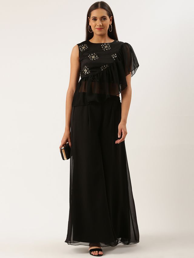 Bollywood Vogue Ready To Wear Black Chinnon Embroidered Palazzo Set