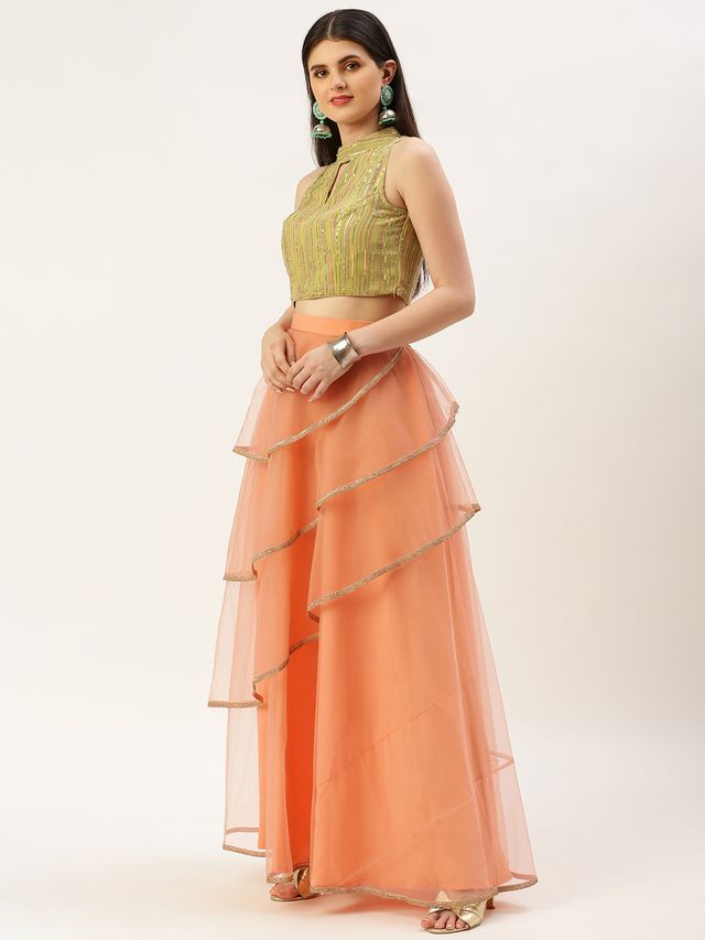 Bollywood Vogue Ready To Wear Green Georgette Sequins N Peach Net Lehenga
