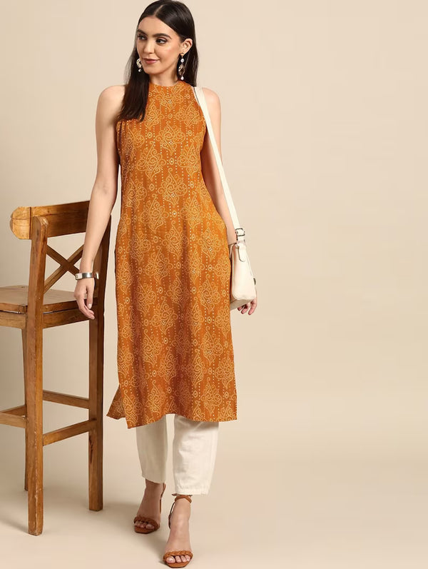 Women Rayon Printed Sleeveless Kurti, Mustard Yellow