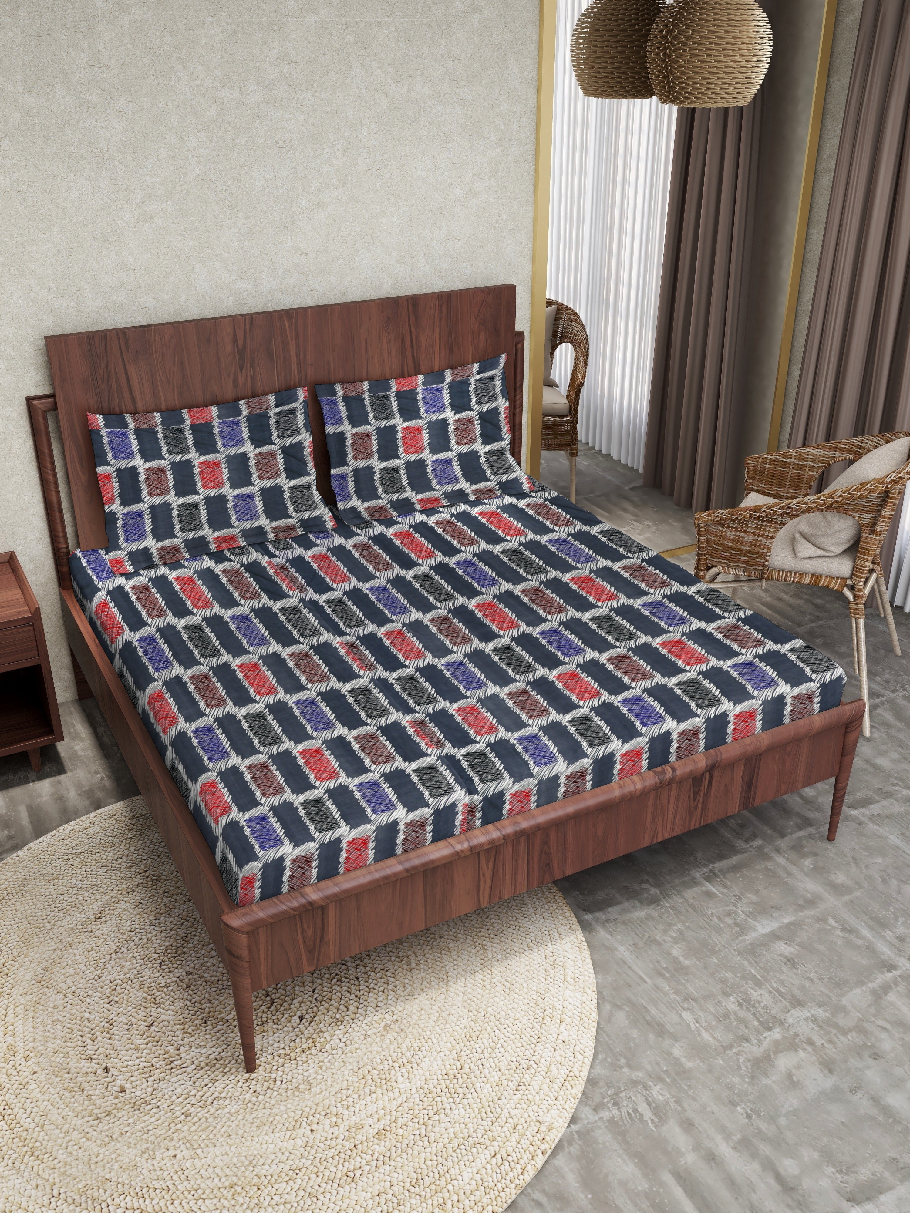 Fantasy Collection Premium Cotton 200 TC Fitted Queen Bedsheet with 2 Pillow Covers - Black