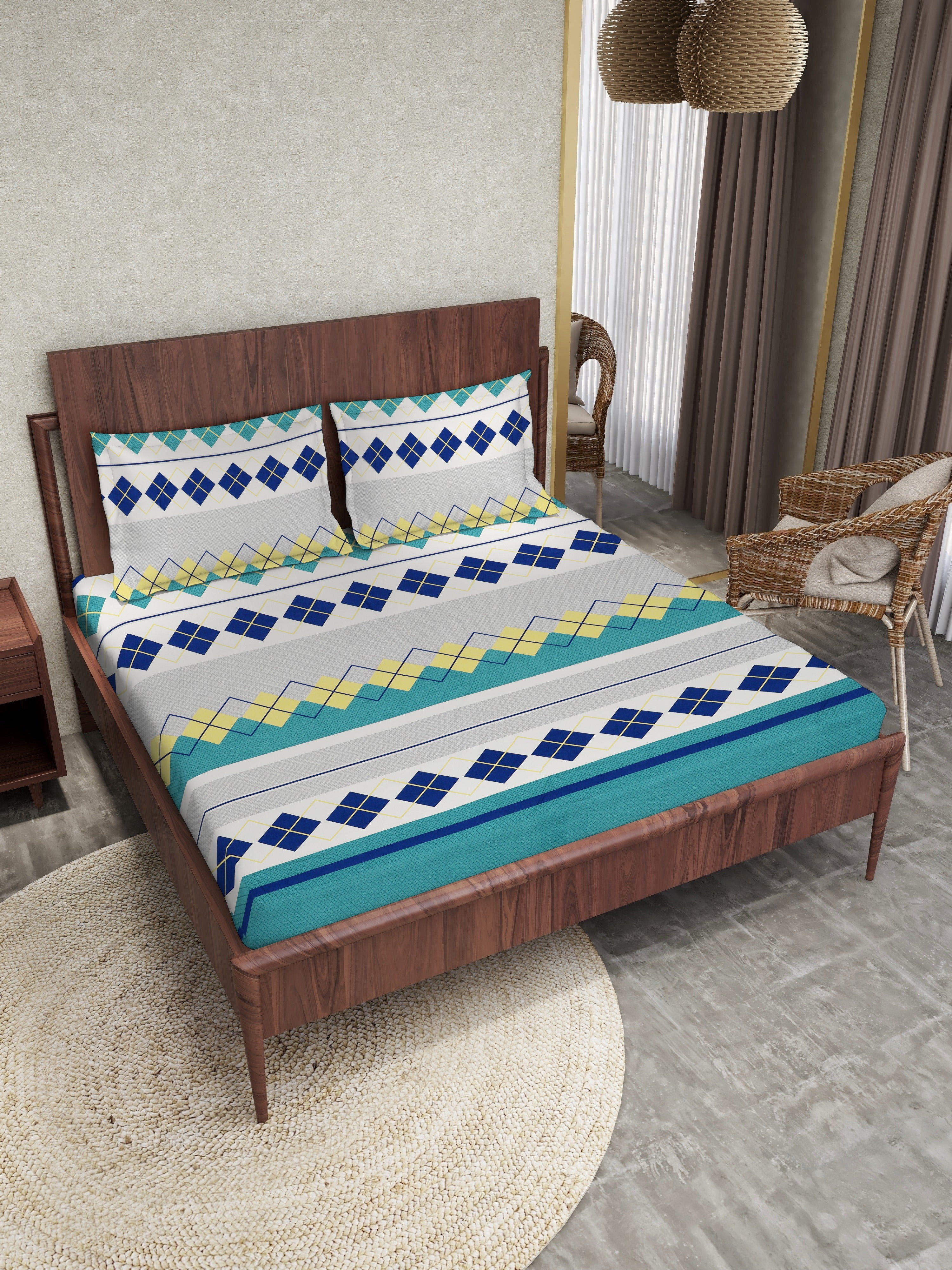 Rome Collection Cotton 220 TC Fitted Queen Bedsheet with 2 Pillow Covers - Green