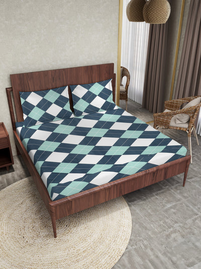 Rome Collection Cotton 220 TC Fitted Queen Bedsheet with 2 Pillow Covers - Blue