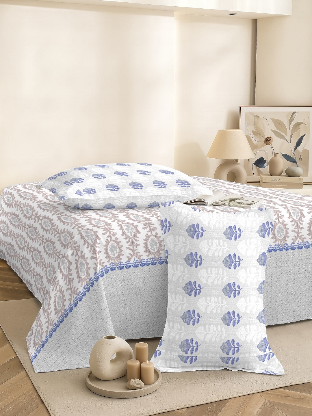 Vera 100% Pure Cotton Satin King Bedsheet With 2 Contrast Pillow Covers