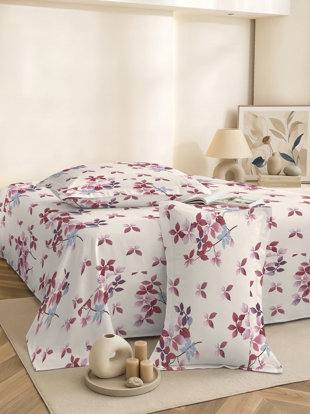 Quirky Home Coral Collection Double Bedsheet with 2 Pillow Cover - Cream