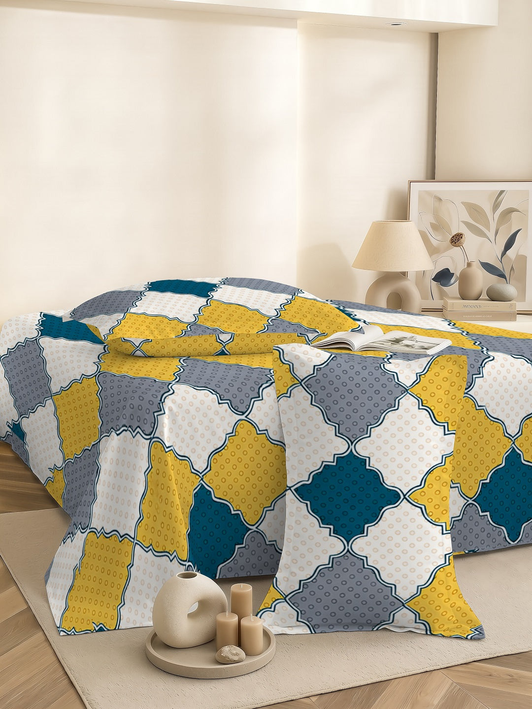 Quirky Home Coral Collection Double Bedsheet with 2 Pillow Cover - Yellow