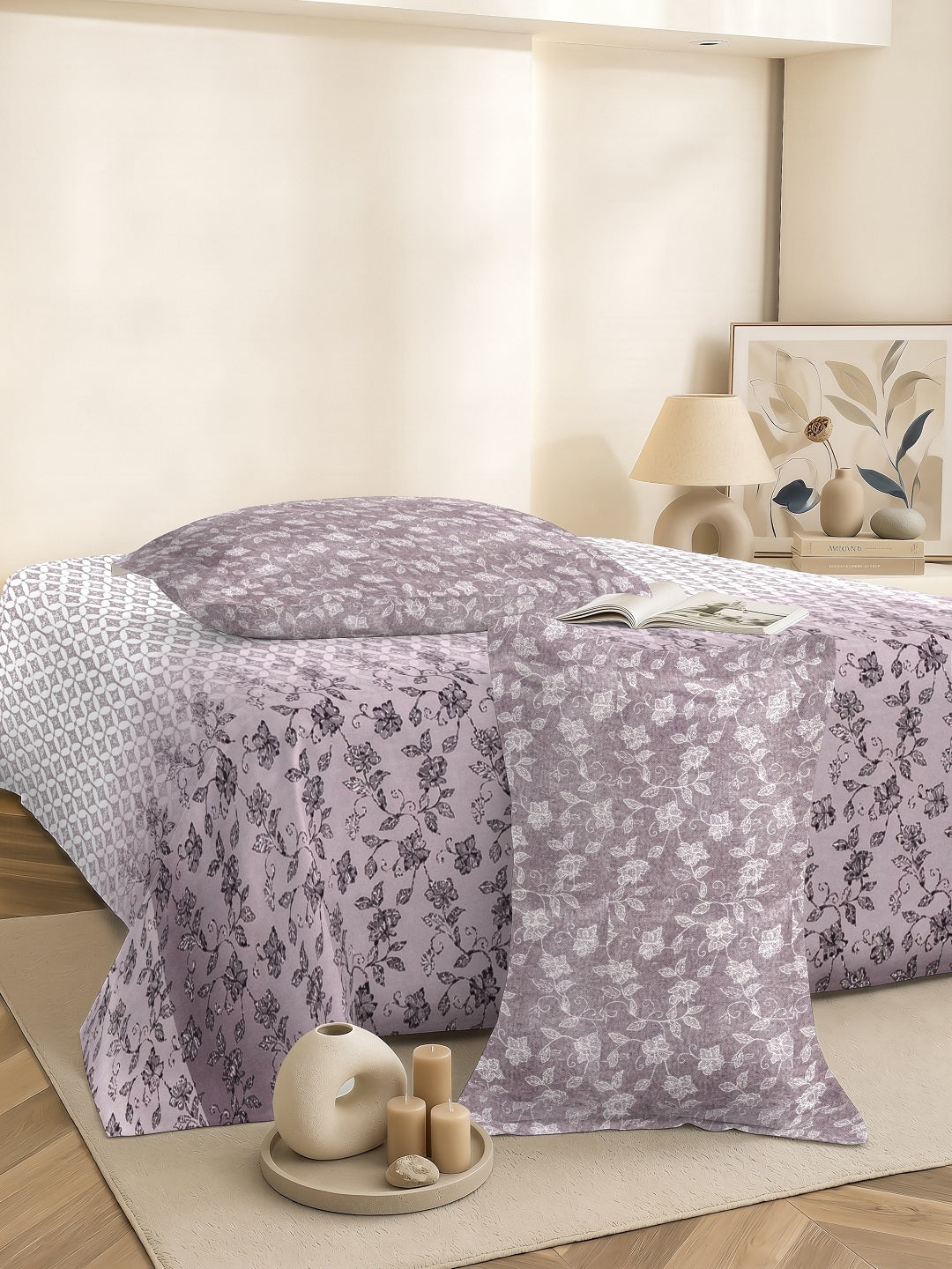 Vera 100% Pure Cotton Satin King Bedsheet With 2 Contrast Pillow Covers