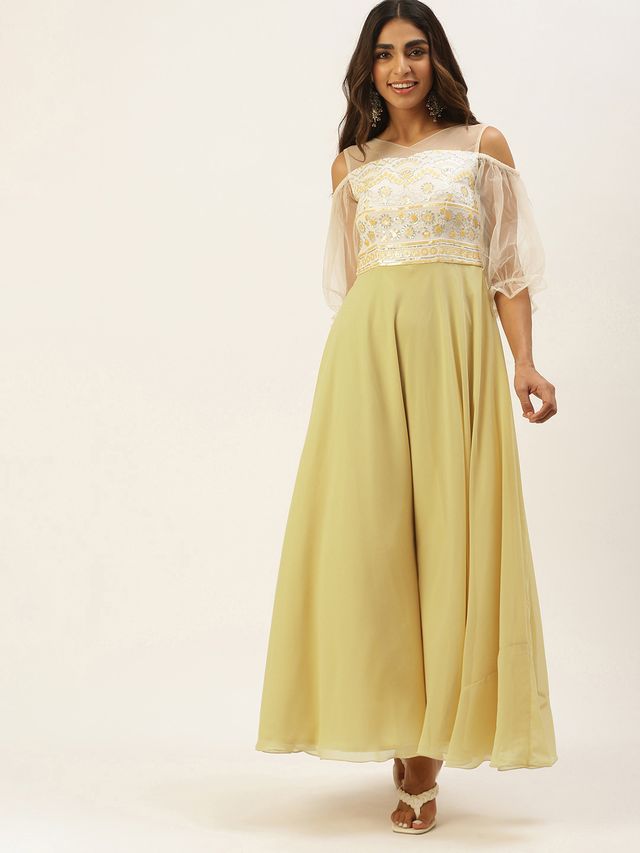 Bollywood Vogue Ready To Wear White N Beige Embroidered Sequins Gown