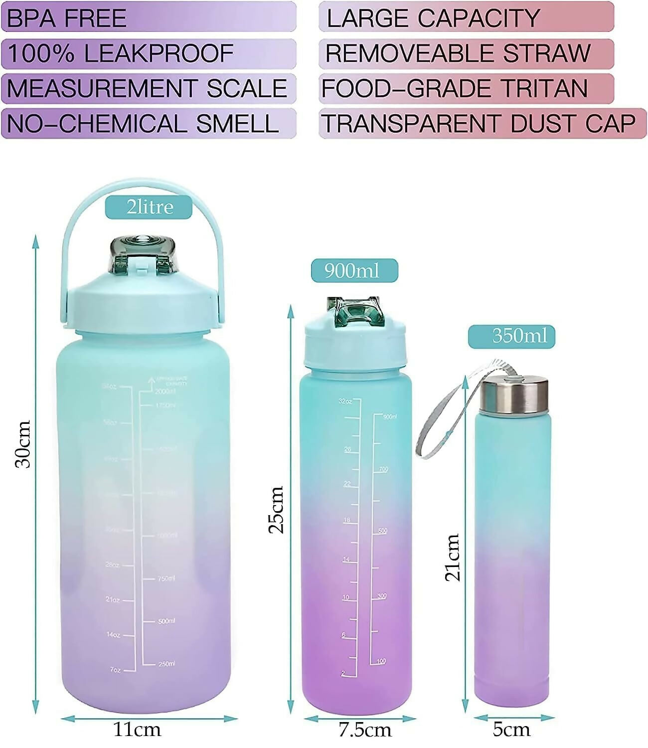 3 in 1 Motivational Water Bottle for health conscious Gym fitness Yoga player with Time Marker (Multicolor)
