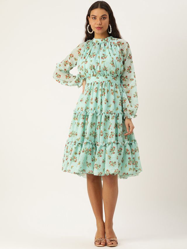 Bollywood Vogue Ready To Wear Mint Green Georgette Digital Printed Dress