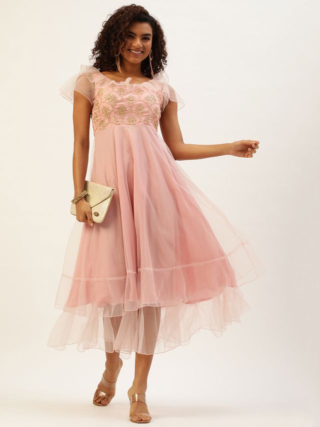 Bollywood Vogue Ready To Wear Pink Organza Embroidered Gown