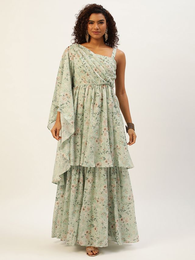 Bollywood Vogue Ready To Wear Green Muslin Digital Printed Gown