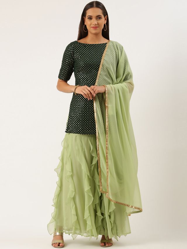 Bollywood Vogue Ready To Wear Green Cascade Ruffled Gharara Suit Set