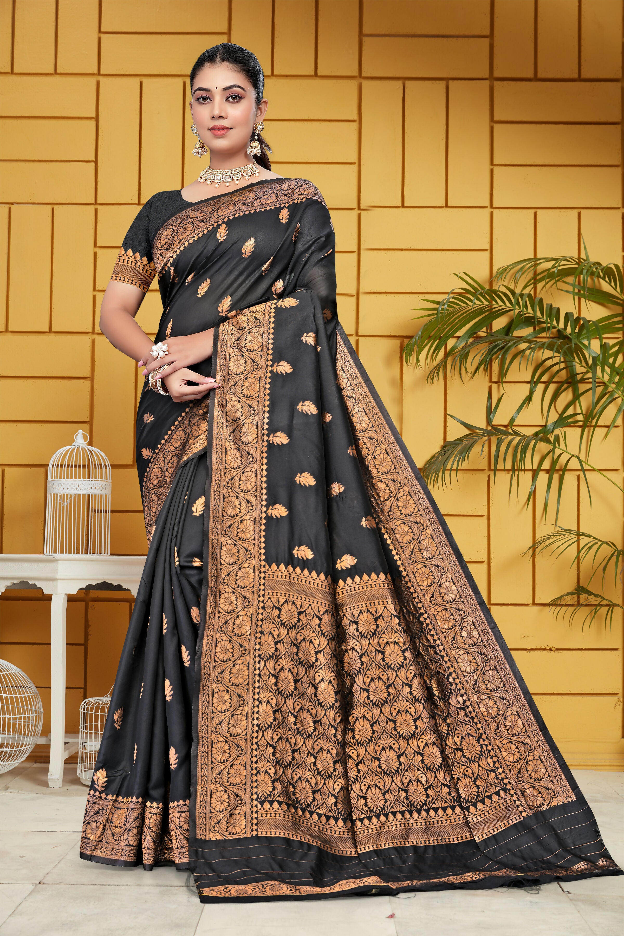 AXONIT Midnight Majesty Jacquard Saree in Black with Antique Gold Zari Work